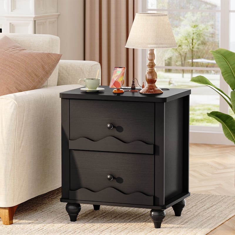 Modern Nightstand with Charging Station, Side End Table with 2 Drawers
