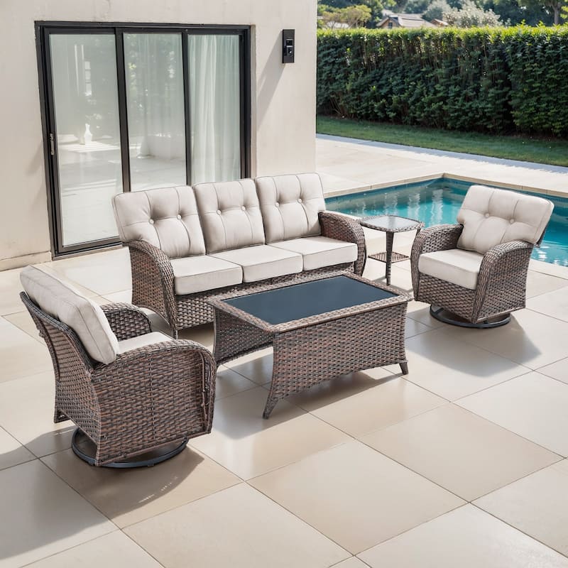 TWrap 5-Piece Patio Brown Wicker Sofa Conversation Set with 5-Inch Thick Cushions