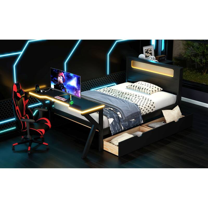 Roomfitters Twin/Full Wooden Gaming Platform Bed with LED Headboard, Desk and Drawers, Black