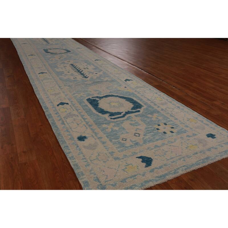 Hand Knotted Oriental 100% Wool Carpet Transitional Geometric Navy Blue & Blues Oushak Runner Rug - 14' 0'' X 3' 4''