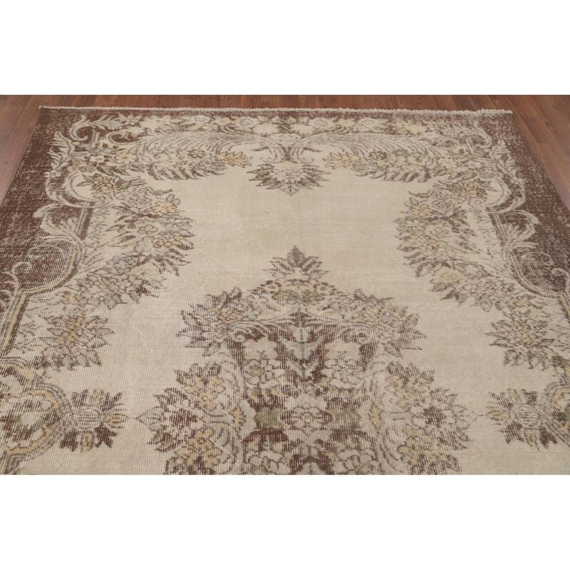 Anatolian Turkish Vintage Rug Handmade Distressed Beige Wool Carpet - 6'1" x 9'7"