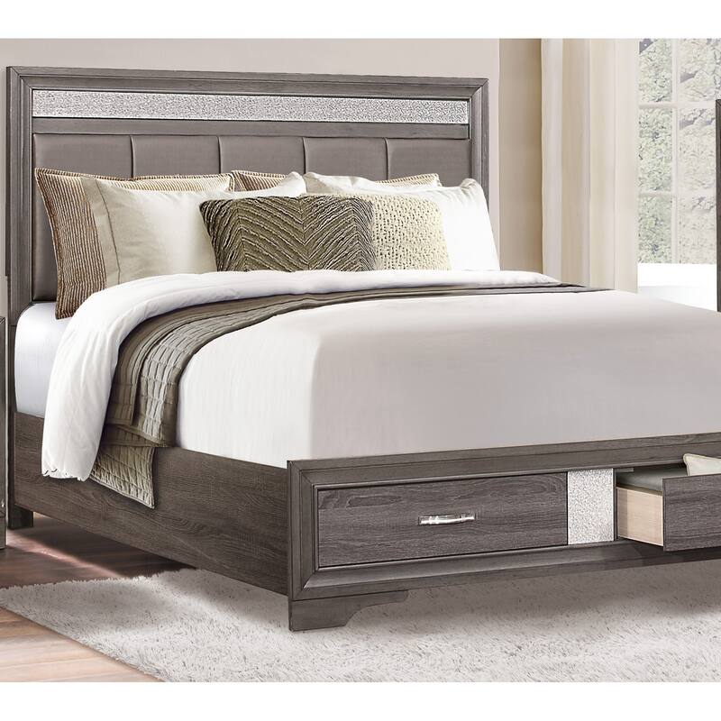 Gray and Silver Glitter Upholstered Queen Platform Bed with Footboard Drawers and Channel-Padded Headboard