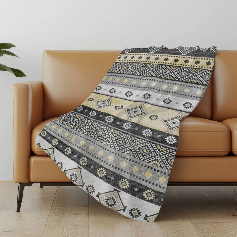 Premium Machine Washable ASB118 Boho Global Sherpa Throw Blanket - Gray - 4'2" x 5'10"