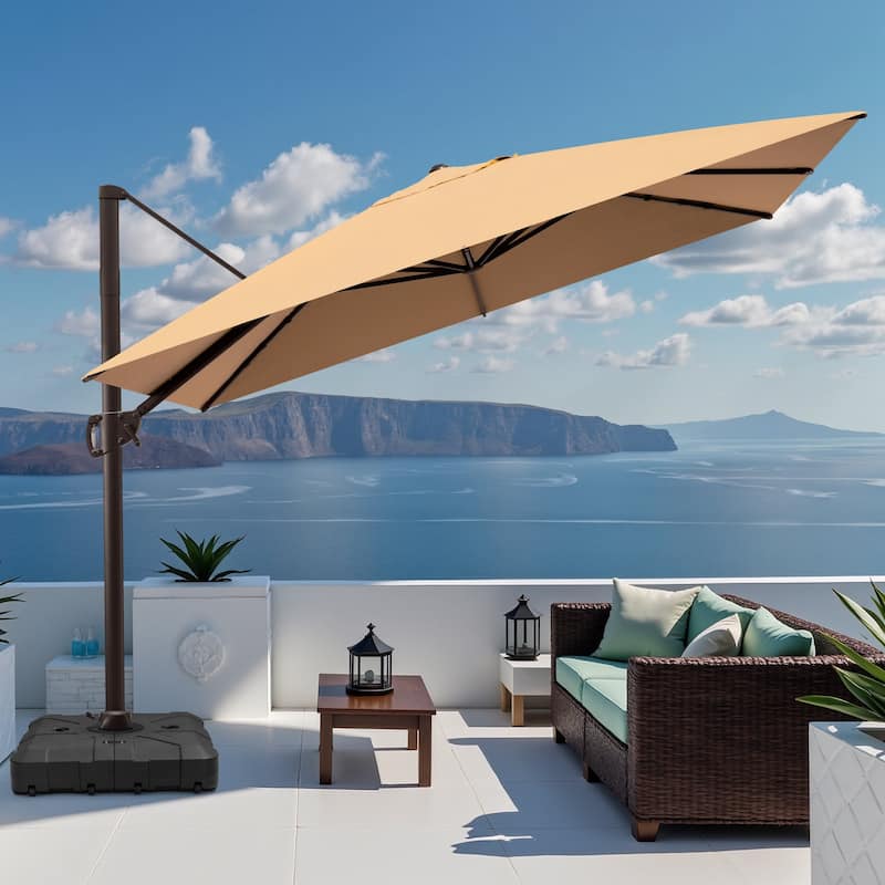 Pellebant 9 FT x 11 FT Outdoor Cantilever-Offset Umbrella with Base Stand - Tan
