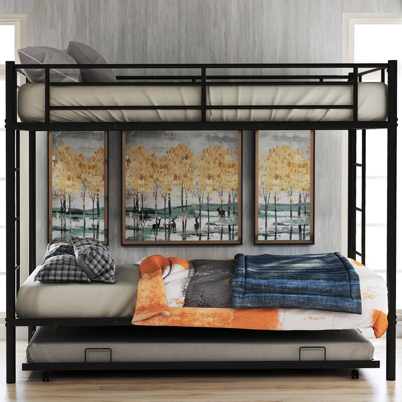 Twin Over Twin Bunk Bed w/Trundle, Metal Bedframe for 3, Space Saving - Black - Twin