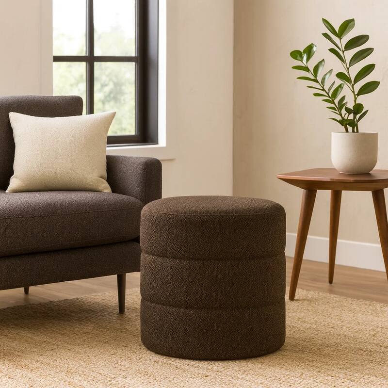Sem Round Accent Ottoman, Dark Brown Channel Stitched Boucle 18 Inch