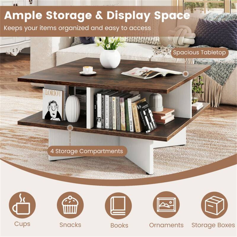 2-Tier 24” Square Wooden Living Room Coffee Table with 4 Storage Compartments and Cross Base - 24" x 24" x 13"