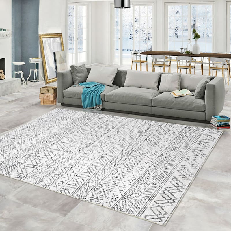 Garvee Boho Area Rug Moroccan Accent Rugs Geometric Distressed Carpet - 8' x 10' - Grey