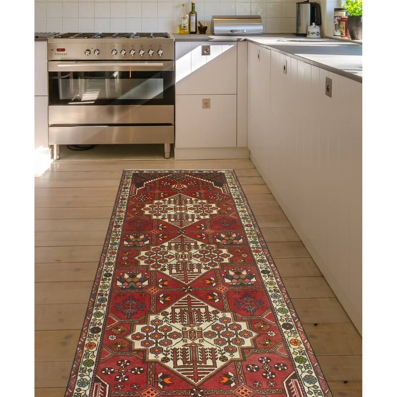 Fine Vintage Distressed Masud Red/Ivory Runner - 3'10" x 10'7"