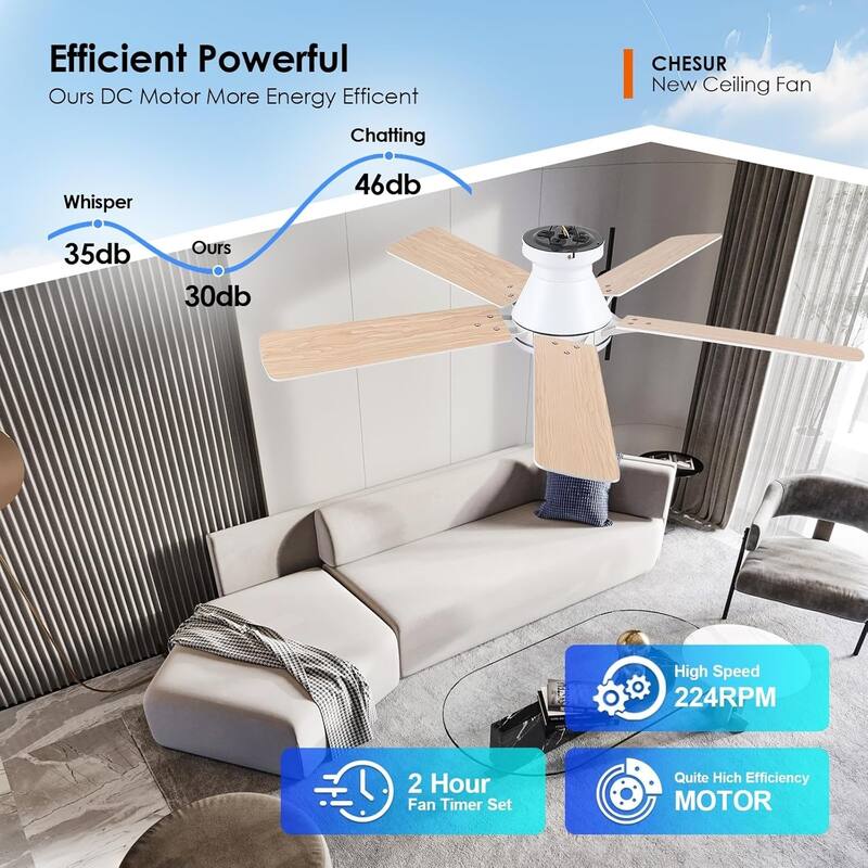 52 Inch Ceiling Fan with Light and Remote,Flush Mount Ceiling Fan,5 Dual Side Blades - 52 Inches