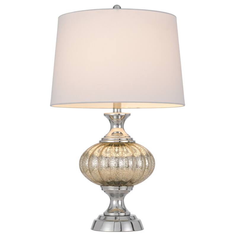 Silver Metal Table Lamp with White Linen Empire Shade and 3-Way Switch - 16” x 16” x 26.5” (D x W x H) - Silver-White