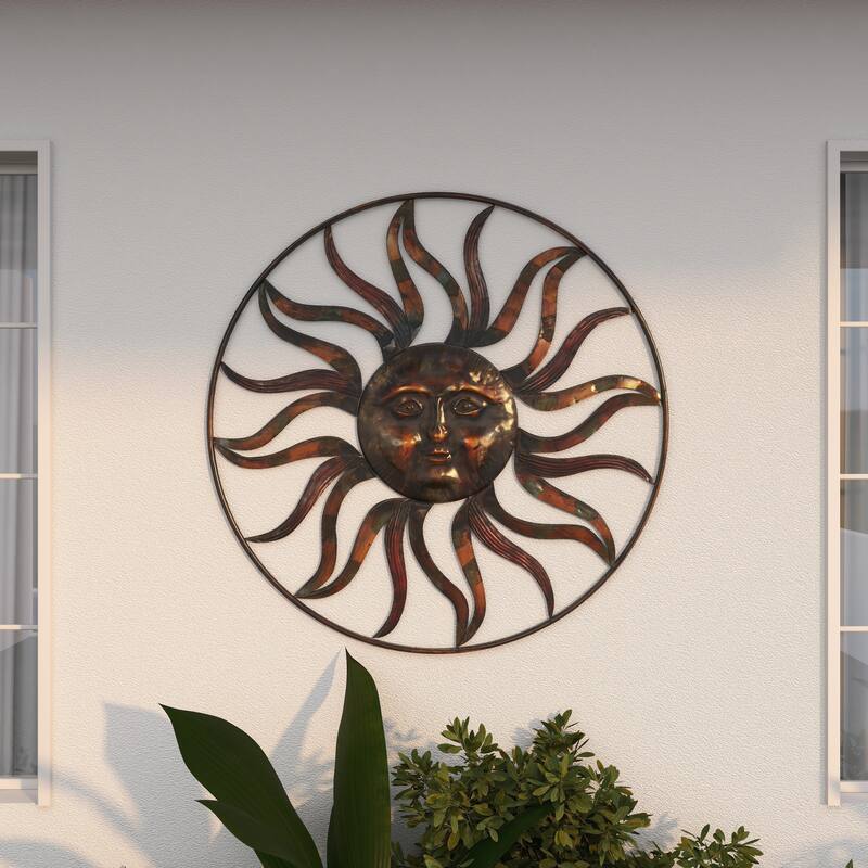 Brown Metal Indoor Outdoor Sun Home Wall Decor with Colorful Painted Accents
