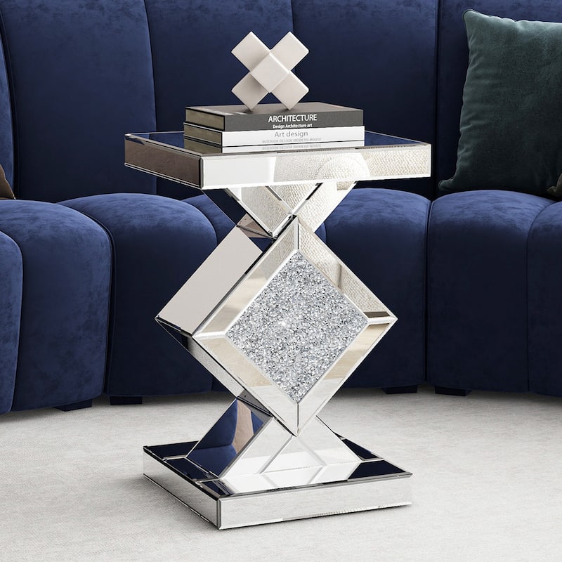 Modern Mirrored Glass Top End Table with Crushed Diamond - Mirror/Glass