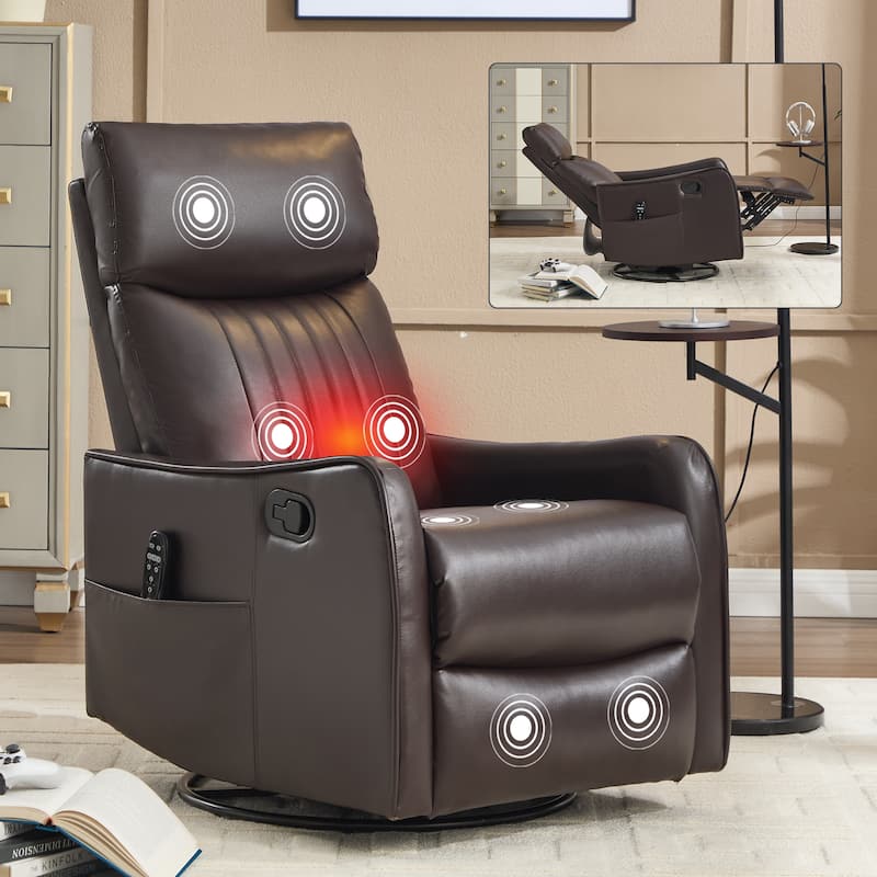 Leather Heat Massage Manual Recliner Chair with Rocker and Swivel in Fabric for Living Room