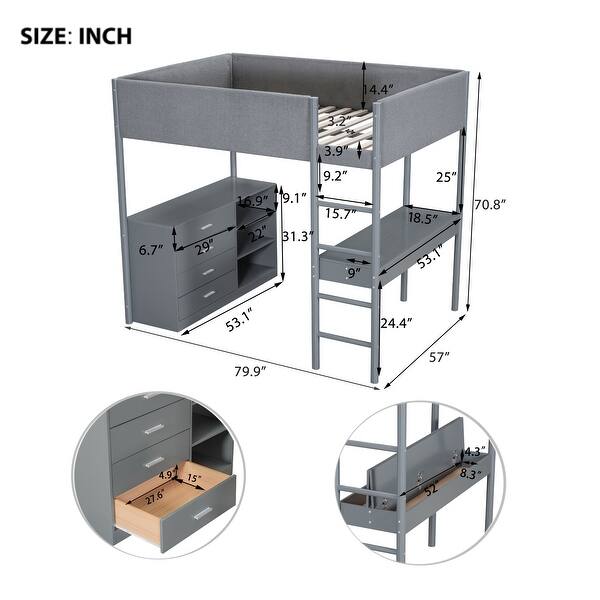 dimension image slide 4 of 6, Teddy Fleece Loft Bed with Foldable Study Table, 4 Storage Drawers and Shelves Wood High LoftBed Frame for Bedroom