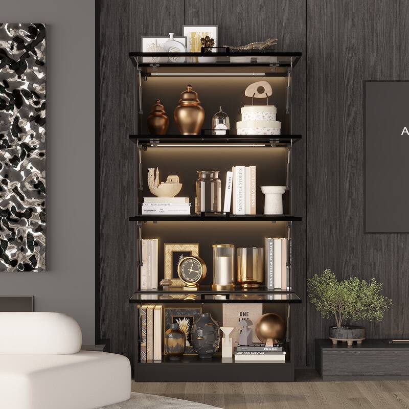 63"H 4-Tier Tall Bookshelf Bookcase with Glass Doors and LED Light