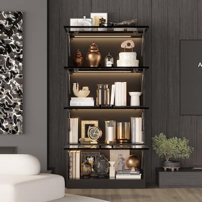 63"H 4-Tier Tall Bookshelf Bookcase with Glass Doors and LED Light