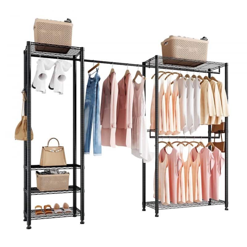 Black Adjustable Garment Rack with 6 Storage Shelves and Telescopic Rods for Clothing and Bags - 96.06” x 14.96” x 71”