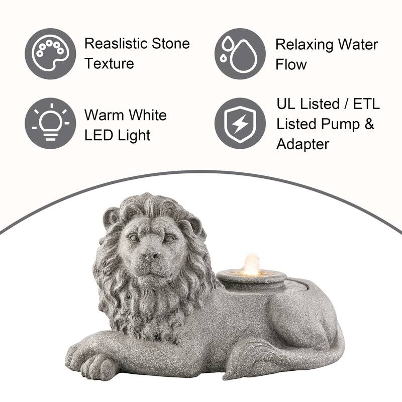 Glitzhome 20"L Zen-Style Lying Lion Polyresin Outdoor Fountain with Pump and LED Light