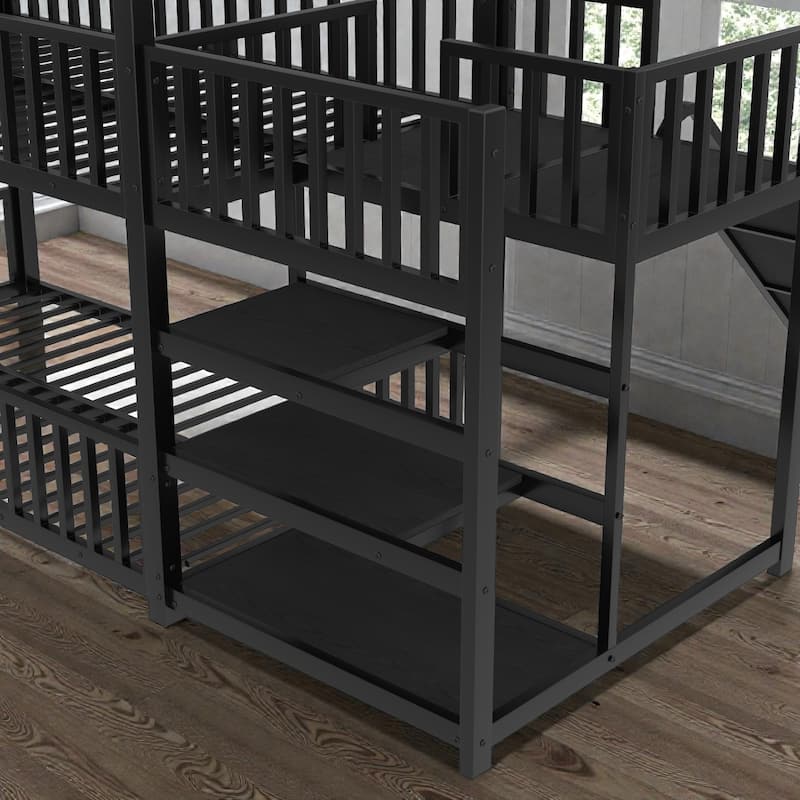 Metal House Bunk Bed with Storage Stairs and Slide, Safety Rails, Twin/Full Kids Bed Frame