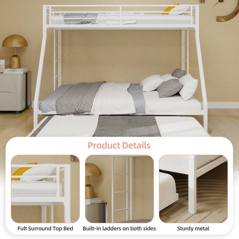 High - Stability Square Tube Bunk Bed, Featuring Ladder & Rolling Trundle, Modern Minimalist Look, Queen