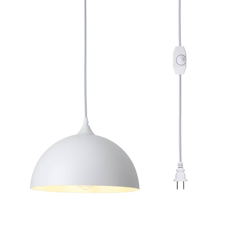 1-Light Dome Hanging Pendant Light Chandelier Lighting for Kitchen Island with Metal Cover & Plug - White