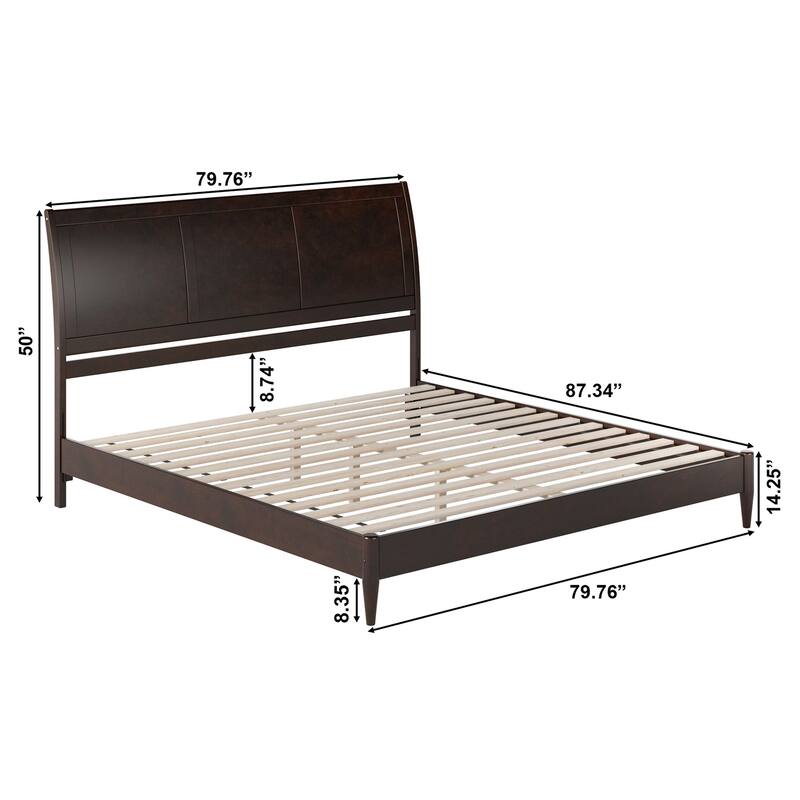 Solid Wood Sleigh Bed - Low Profile Platform Bed Frame - King Size Bed Espresso Finish