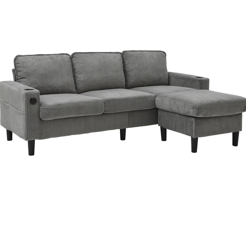 L-Shaped Sectional Sofa with Storage Ottoman, Upholstered 3-Seater Sofa with Side Pockets, USB Port & Cup Holders
