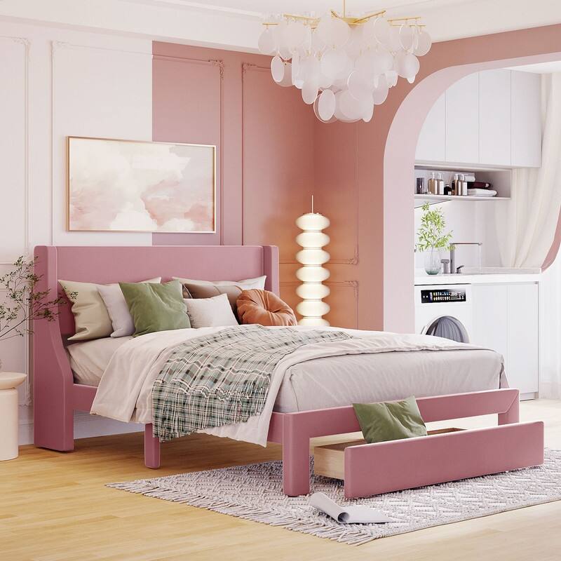 Queen Size Bed Frame with A Storage Drawer, Velvet Upholstered Storag Platform Bed with Wingback Headboard and Slat Support