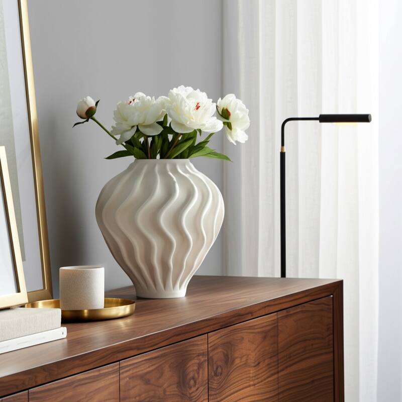 Porcelain Sculptural Vase with Textured Wave Design Modern Form