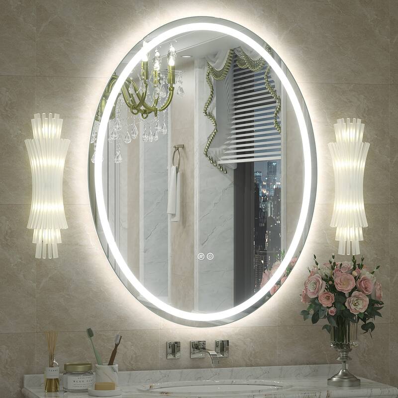 Oval Front & Back LED Lighted Anti-fog Tempered Glass Wall Bathroom Vanity Mirror, 3-Year Warranty & ETL Certification