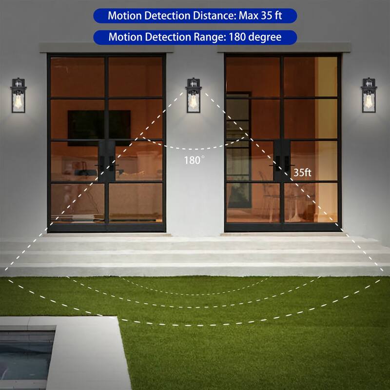 12 in. 1-Light Matte Black Motion Sensing Dusk to Dawn Outdoor Hardwired Wall Lantern Sconce with Clear Water Wave Glass