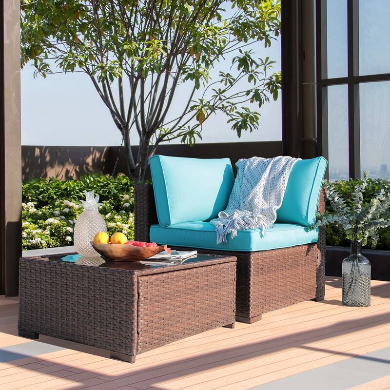 Outdoor 2 Pieces Wicker Sectional Sofa Patio Cushioned Corner Chair and Side Table - Blue