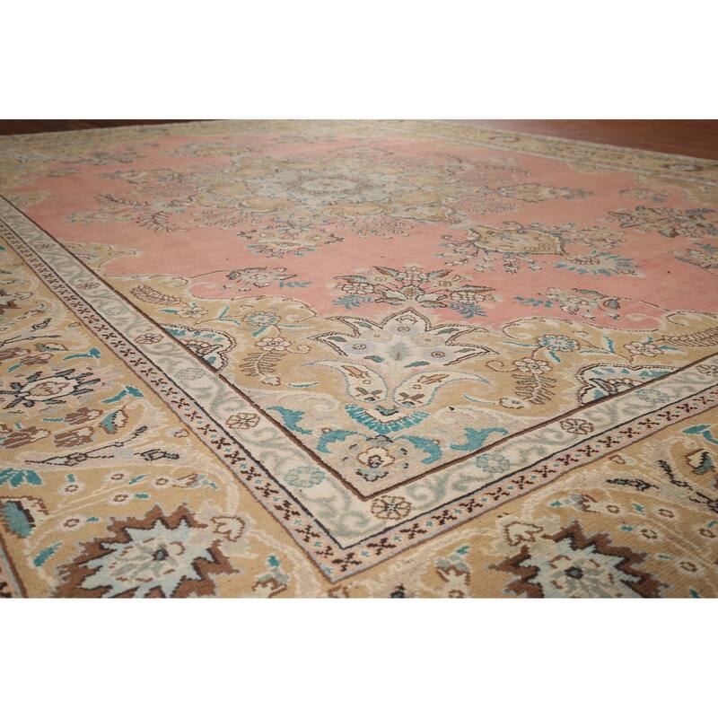 Pink Tabriz Vintage Persian Area Rug Handmade Wool Carpet - 9'9" x 13'0"