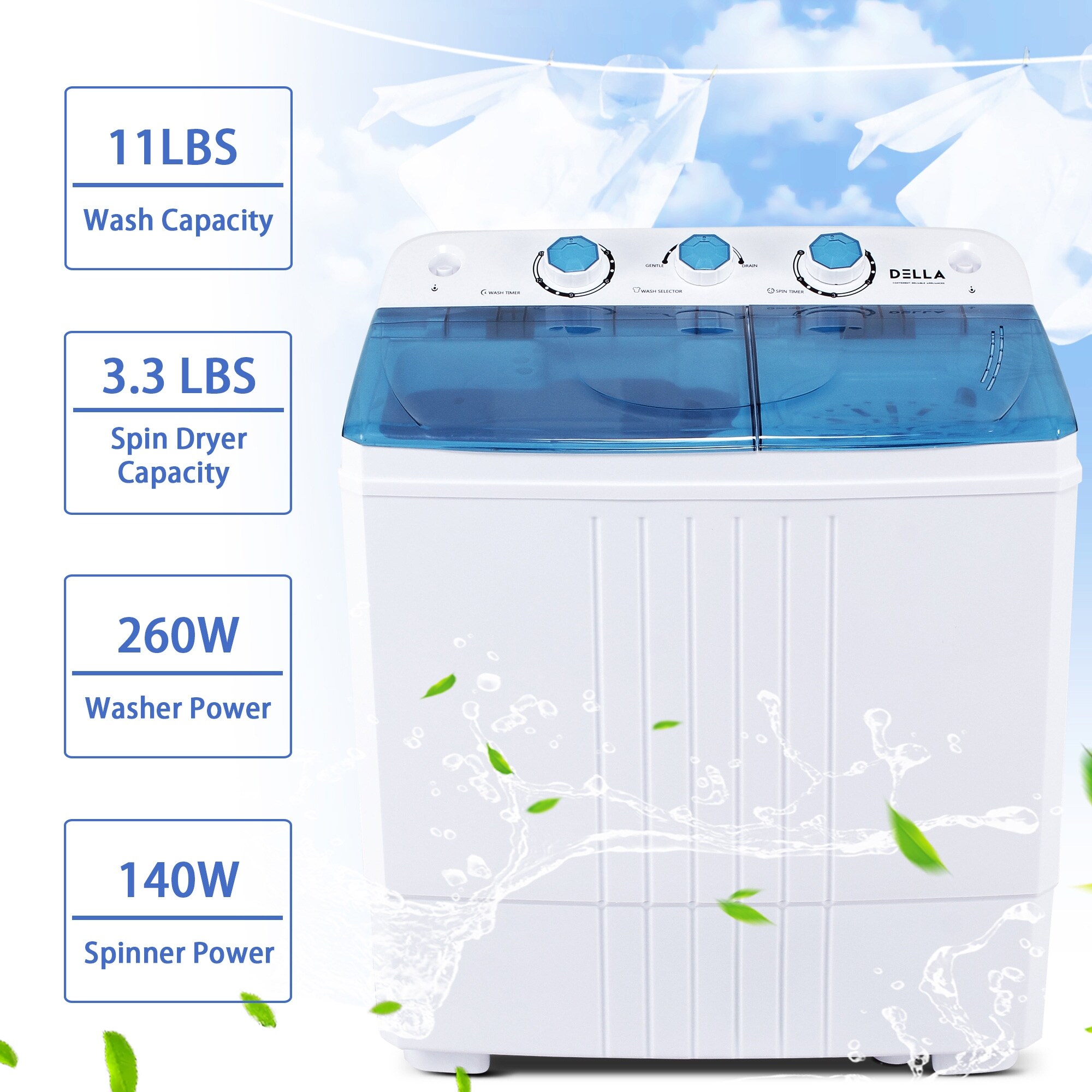 Automatic Washing Della Small Washing Machine 26磅便携式半自动双桶