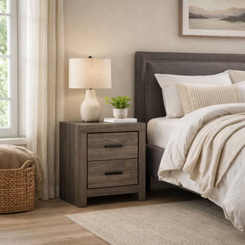 2 Drawer Nightstand with Metal Bar Pulls, Brown