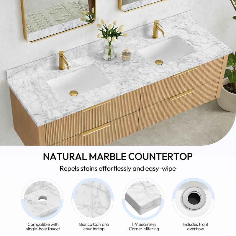 Zevio Natural Marble Vanity Top in Carrara White with Ceramic Sink