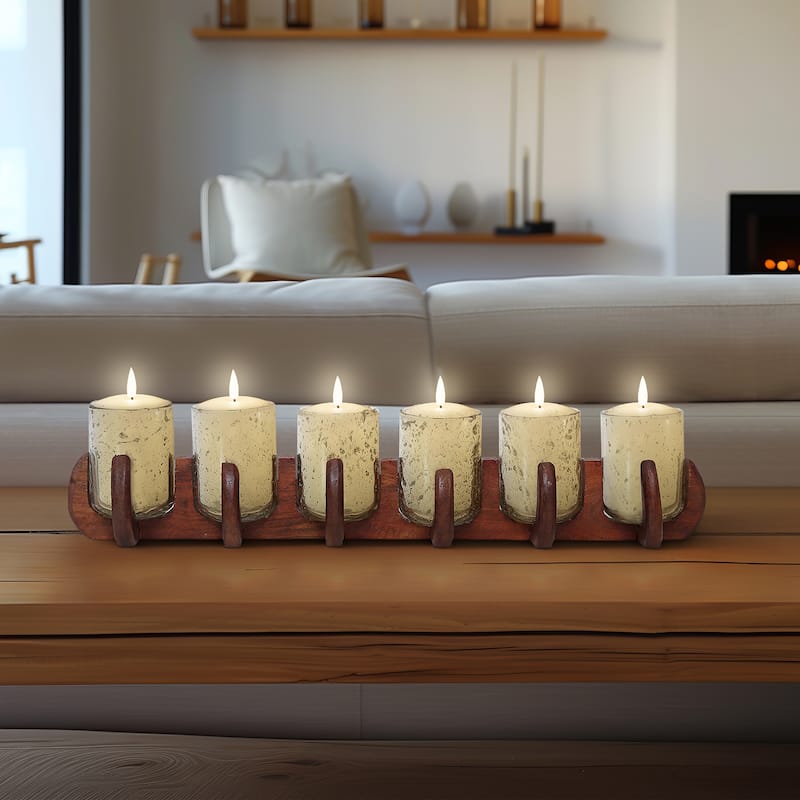 Sagebrook Home Neutral 24-Inch Brown/Clear Glass Votive Candle Holders With Mango Wood Base, Tealight Holder Set - 24" x 5" x 5" - Speckled Brown - 24" x 5" x 5"