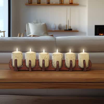 Sagebrook Home Neutral 24-Inch Brown/Clear Glass Votive Candle Holders With Mango Wood Base, Tealight Holder Set - 24" x 5" x 5"