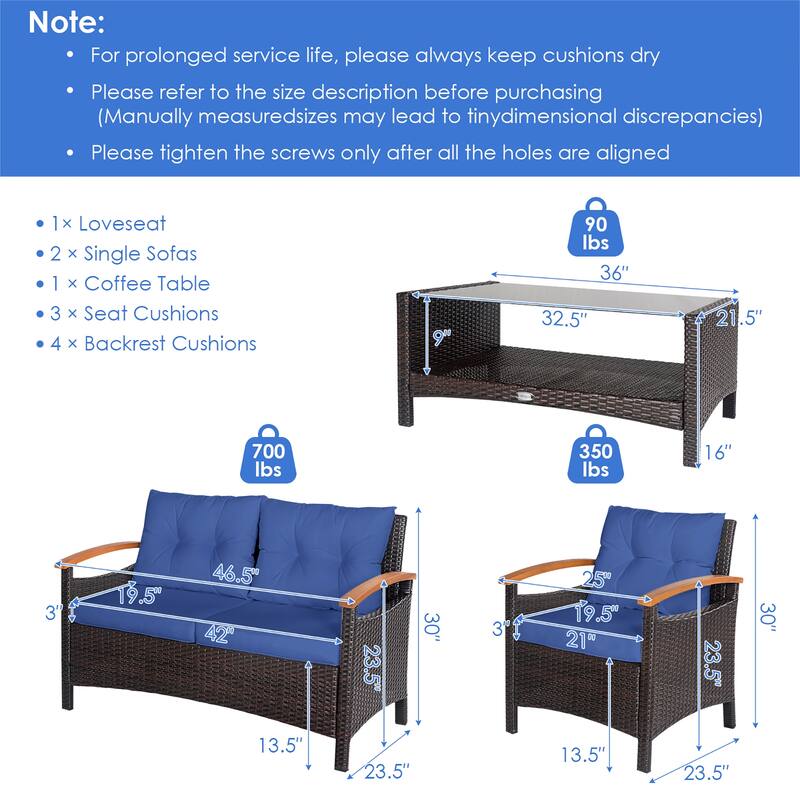 4 PCS Patio Conversation Set Rattan Sofa Set with Coffee Table