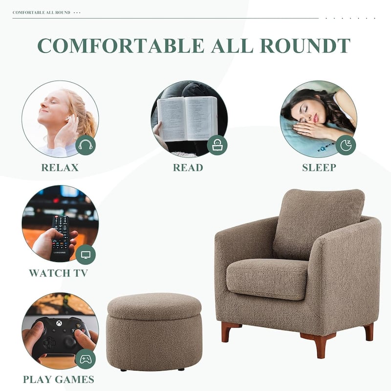 Sherpa Accent Chair with Storage Ottoman Set, Upholstered Barrel Club Arm Chair with Footrest Set of 1/2