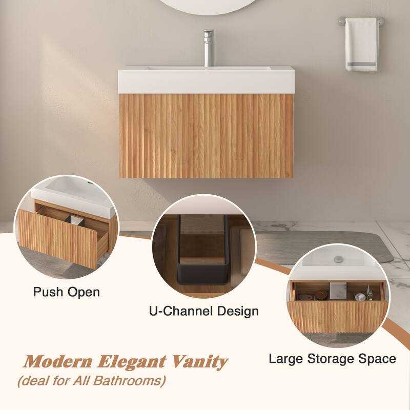 GDF Studio - Alexender Minimalist Design Wall-Mounted Floating Bathroom Vanity with Integrated Basin and Beveled-Edge Handles
