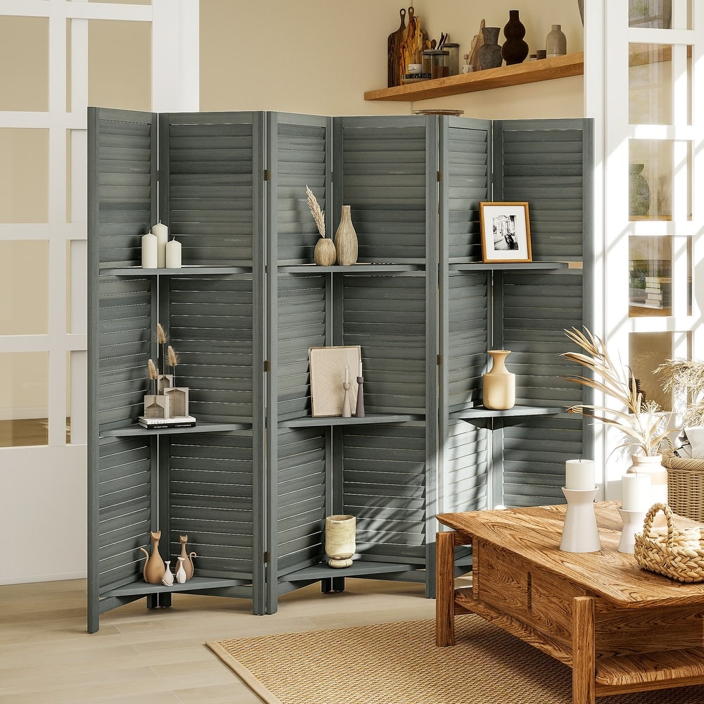 HOMCOM Room Divider, 6 Panel 67" Tall Wood Privacy Screen with 3 Display Shelves, and Folding Storage for Bedroom, Gray