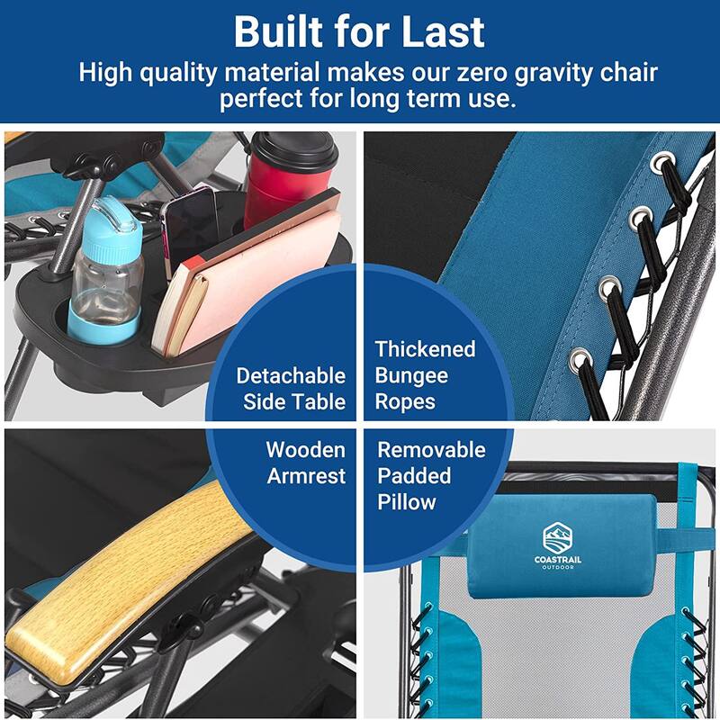Set of 2 Folding Reclining Lounge Chair, Outdoor Zero Gravity Recliner W/Side Tray & Detachable Headrest Pillow