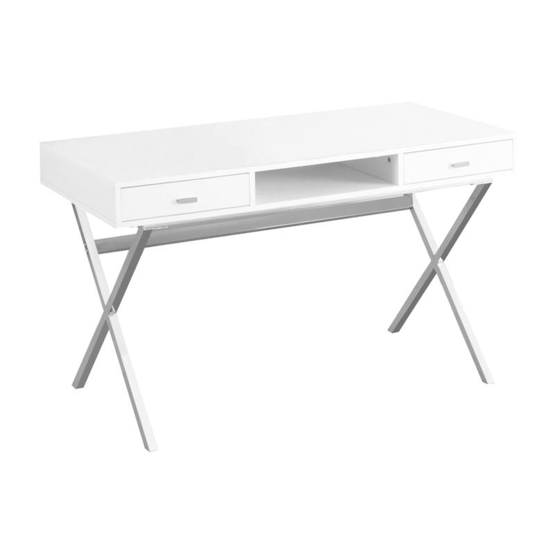 Computer Desk, Home Office, Laptop, Storage Drawers, 48"l, Work, Glossy White Laminate, Chrome Metal, Contemporary