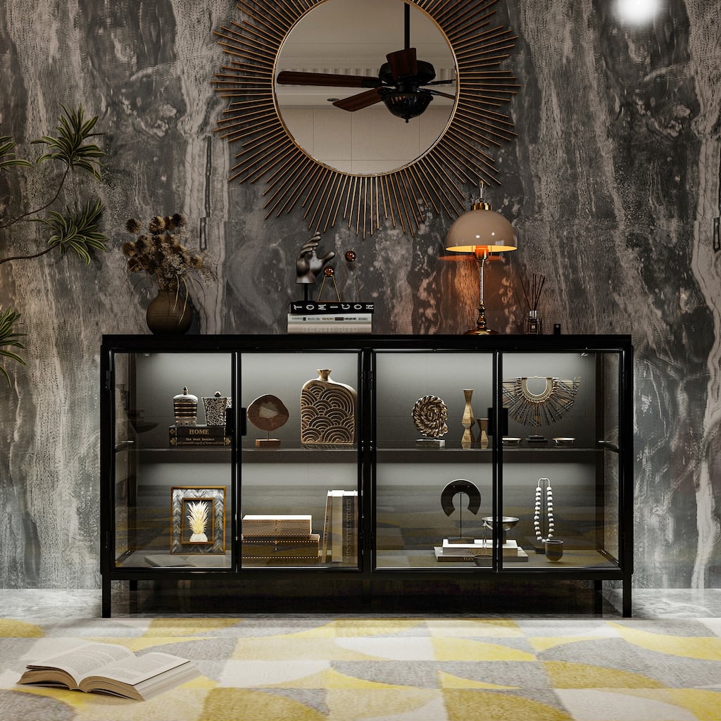 Black Metal & Glass Display Cabinet with LED Lights Accent Cabinet - 55.1"W