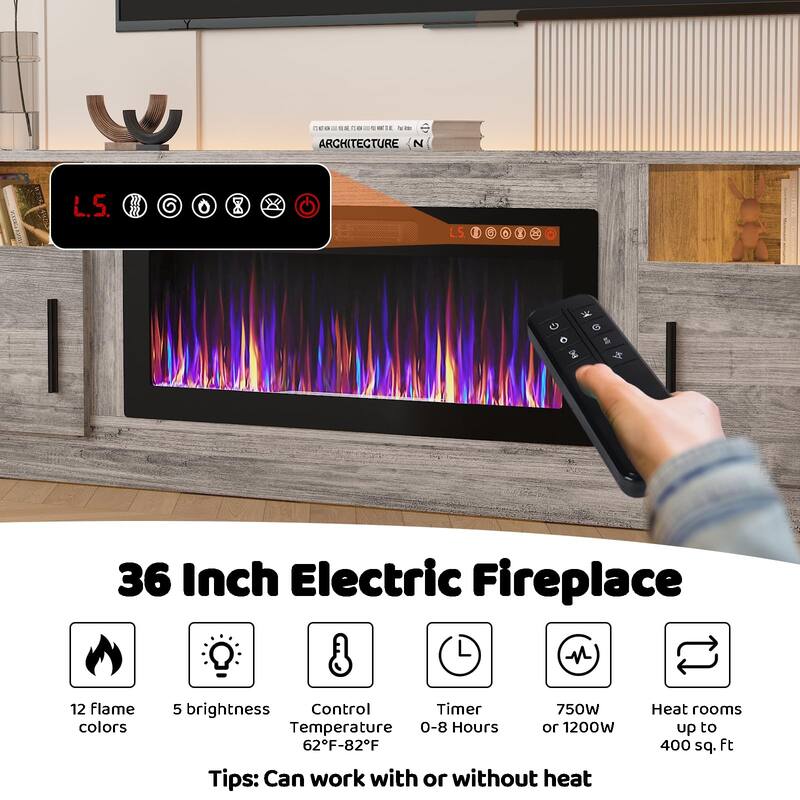BOSSIN 80" Modern Electric Fireplace TV Stand with 20-Color LED Lights, Fits Up to 90" TV, Adjustable Shelves & Storage Cabinets