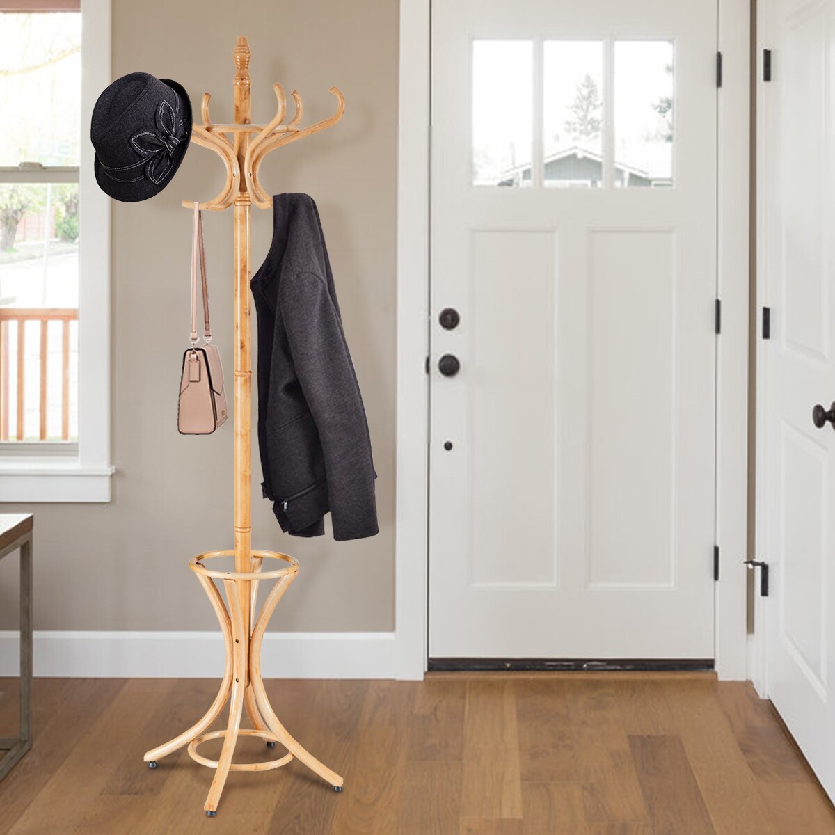 Shop Gymax Wood Standing Hat Coat Rack Jacket Bag Hanger Tree 12