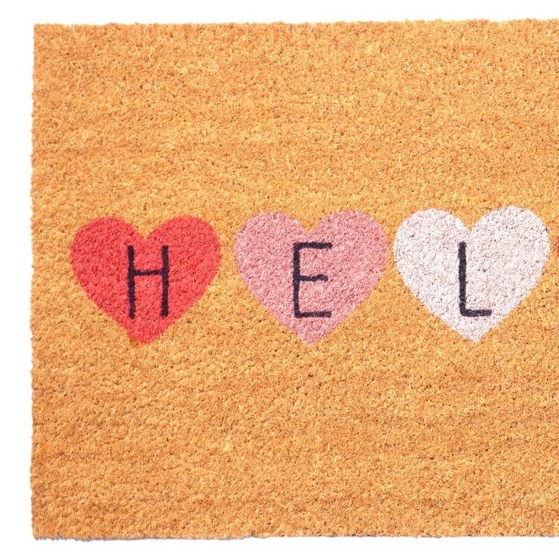 HomeRoots 17" X 29" Brown Pink Purple Hearts Hello Outdoor Coir Door Mat - 17.00' X '29.00