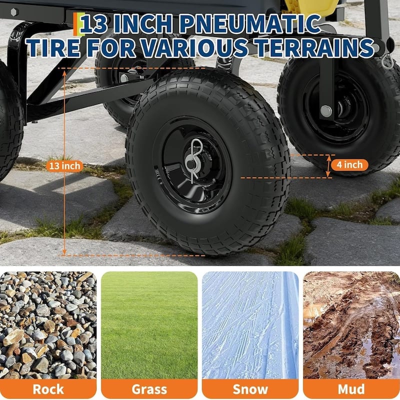 Heavy-Duty 1200lb Yard Dump Cart 7 Cu Ft Bed 2-in-1 Handle and 13In All-Terrain Tires